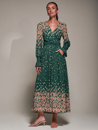 Mirrored Print Long Sleeve Mesh Maxi Dress, Green Floral