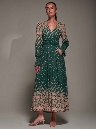 Mirrored Print Long Sleeve Mesh Maxi Dress, Green Floral