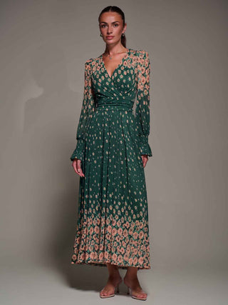 Mirrored Print Long Sleeve Mesh Maxi Dress, Green Floral