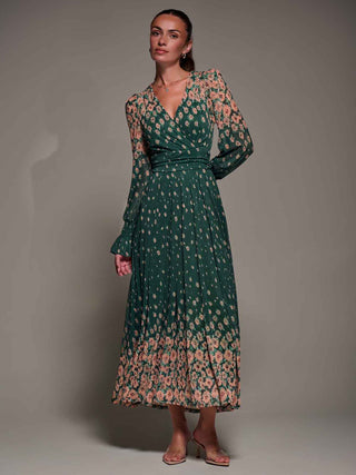 Mirrored Print Long Sleeve Mesh Maxi Dress, Green Floral