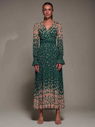 Mirrored Print Long Sleeve Mesh Maxi Dress, Green Floral