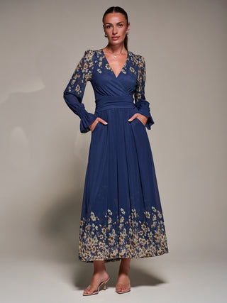 Mirrored Print Long Sleeve Mesh Maxi Dress, Navy Floral Jolie Moi Retail Mirrored Print Long Sleeve Mesh Maxi Dress, Navy Floral Jolie Moi Retail