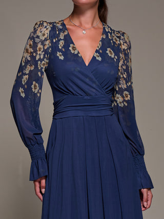 Mirrored Print Long Sleeve Mesh Maxi Dress, Navy Floral