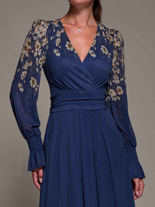 Mirrored Print Long Sleeve Mesh Maxi Dress, Navy Floral