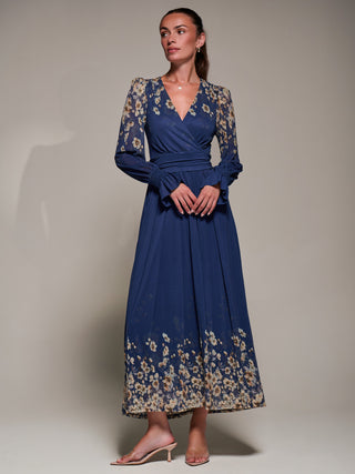 Mirrored Print Long Sleeve Mesh Maxi Dress, Navy Floral