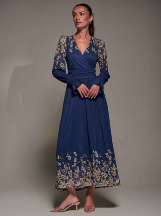 Mirrored Print Long Sleeve Mesh Maxi Dress, Navy Floral