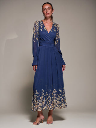Mirrored Print Long Sleeve Mesh Maxi Dress, Navy Floral