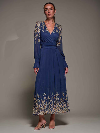 Mirrored Print Long Sleeve Mesh Maxi Dress, Navy Floral