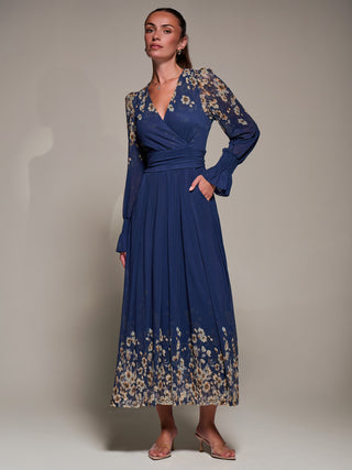 Mirrored Print Long Sleeve Mesh Maxi Dress, Navy Floral