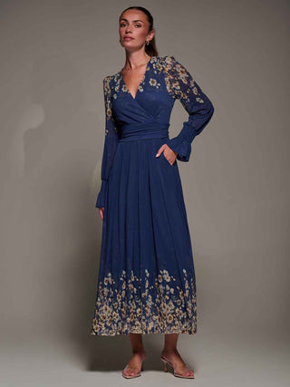 Mirrored Print Long Sleeve Mesh Maxi Dress, Navy Floral