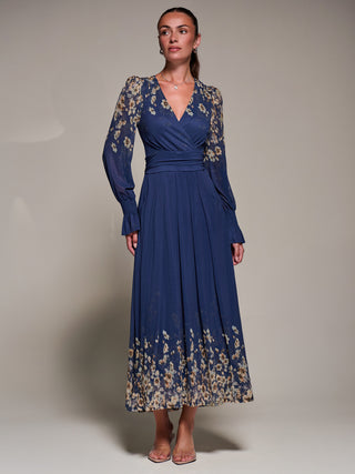 Mirrored Print Long Sleeve Mesh Maxi Dress, Navy Floral