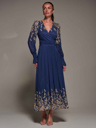 Mirrored Print Long Sleeve Mesh Maxi Dress, Navy Floral