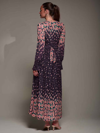 Mirrored Print Long Sleeve Mesh Maxi Dress, Purple Floral