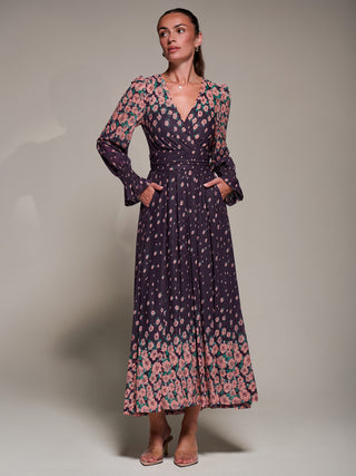 Mirrored Print Long Sleeve Mesh Maxi Dress, Purple Floral