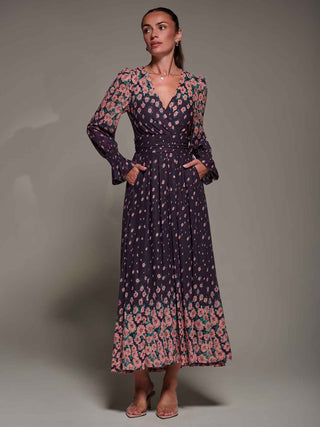 Mirrored Print Long Sleeve Mesh Maxi Dress, Purple Floral