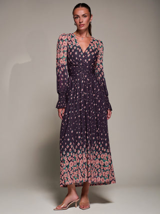 Mirrored Print Long Sleeve Mesh Maxi Dress, Purple Floral