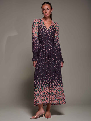 Mirrored Print Long Sleeve Mesh Maxi Dress, Purple Floral