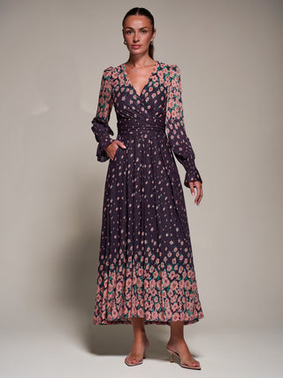Mirrored Print Long Sleeve Mesh Maxi Dress, Purple Floral