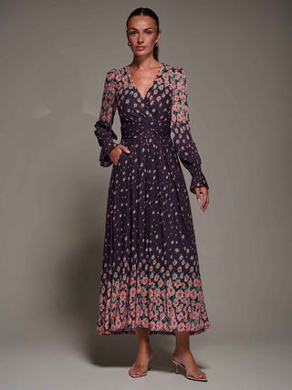 Mirrored Print Long Sleeve Mesh Maxi Dress, Purple Floral