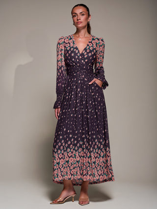 Mirrored Print Long Sleeve Mesh Maxi Dress, Purple Floral