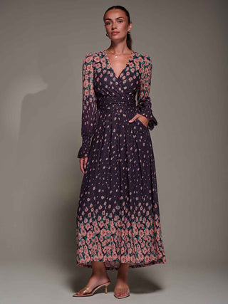 Mirrored Print Long Sleeve Mesh Maxi Dress, Purple Floral