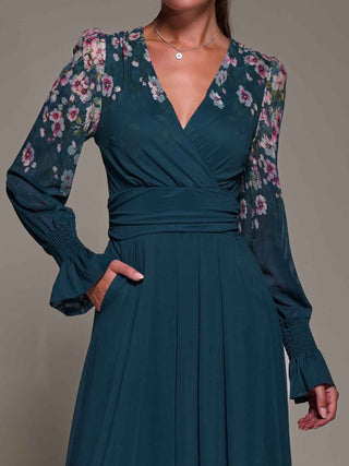 Mirrored Print Long Sleeve Mesh Maxi Dress, Teal Floral