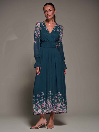 Mirrored Print Long Sleeve Mesh Maxi Dress, Teal Floral