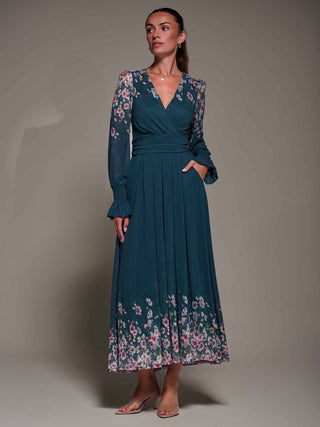 Mirrored Print Long Sleeve Mesh Maxi Dress, Teal Floral