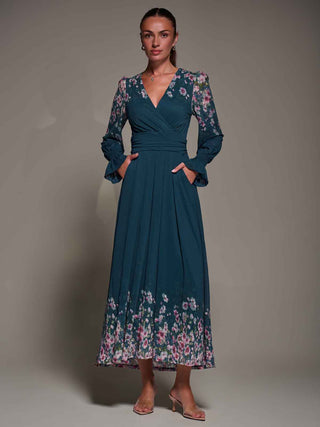 Mirrored Print Long Sleeve Mesh Maxi Dress, Teal Floral