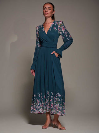 Mirrored Print Long Sleeve Mesh Maxi Dress, Teal Floral