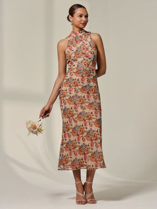 Chiffon Halterneck Printed Midaxi Dress, Beige Floral Jolie Moi Retail Chiffon Halterneck Printed Midaxi Dress, Beige Floral Jolie Moi Retail