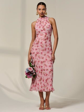 Chiffon Halterneck Printed Midaxi Dress, Pink Floral