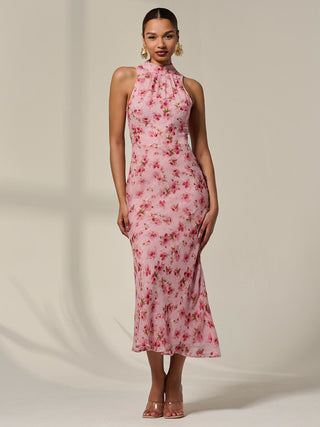 white floral print halterneck chiffon midi dress White Floral Print Dress - Halter Midi Dress - Tiered Midi Dress