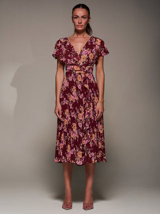 Printed Ruffle Detail Pleated Chiffon Midi, Burgundy Floral
