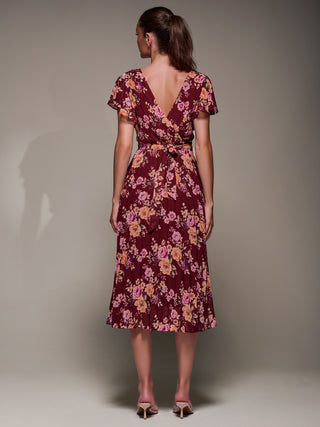 Printed Ruffle Detail Pleated Chiffon Midi, Burgundy Floral  Jolie Moi  Retail