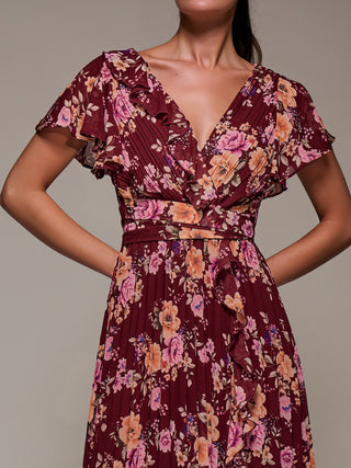 Printed Ruffle Detail Pleated Chiffon Midi, Burgundy Floral