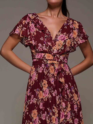 Printed Ruffle Detail Pleated Chiffon Midi, Burgundy Floral