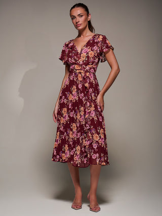 Printed Ruffle Detail Pleated Chiffon Midi, Burgundy Floral