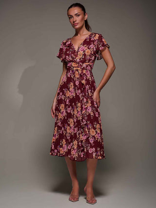 Printed Ruffle Detail Pleated Chiffon Midi, Burgundy Floral