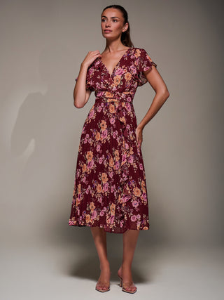 Printed Ruffle Detail Pleated Chiffon Midi, Burgundy Floral