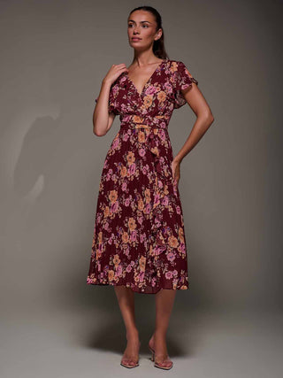Printed Ruffle Detail Pleated Chiffon Midi, Burgundy Floral