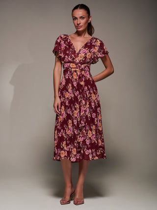 Printed Ruffle Detail Pleated Chiffon Midi, Burgundy Floral – Jolie Moi  Retail