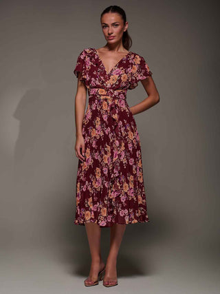 Printed Ruffle Detail Pleated Chiffon Midi, Burgundy Floral