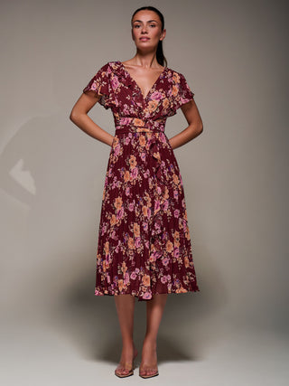 Printed Ruffle Detail Pleated Chiffon Midi, Burgundy Floral