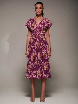 Printed Ruffle Detail Pleated Chiffon Midi, Fuchsia Floral