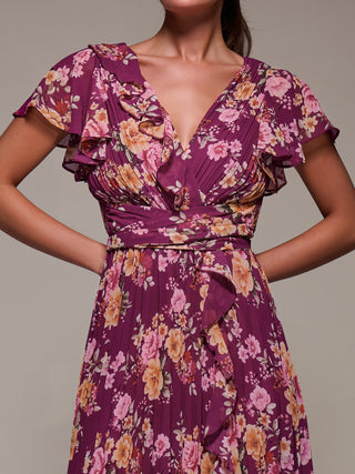 Printed Ruffle Detail Pleated Chiffon Midi, Fuchsia Floral