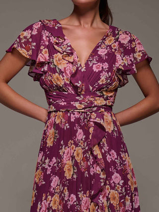 Printed Ruffle Detail Pleated Chiffon Mi, Fuchsia Floral