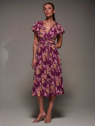 Printed Ruffle Detail Pleated Chiffon Mi, Fuchsia Floral