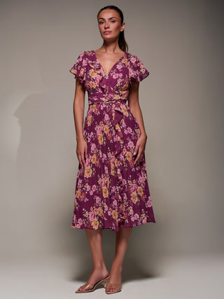 Printed Ruffle Detail Pleated Chiffon Midi, Fuchsia Floral