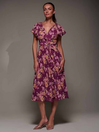 Printed Ruffle Detail Pleated Chiffon Mi, Fuchsia Floral